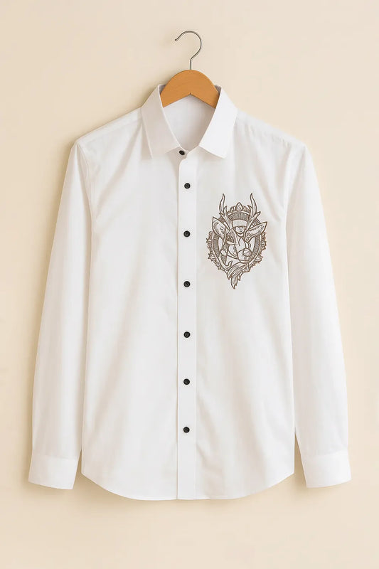 Men's Full Sleeve Cotton Shirt with Artistic Chest Embroidery Printed Feel