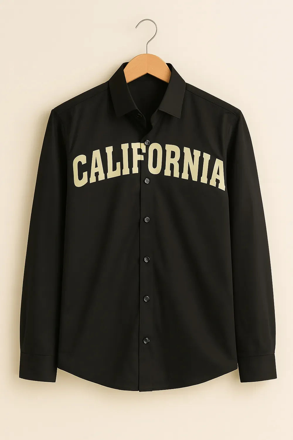 Men's Full Sleeve Cotton Shirt with 'California' Typography Casual Black Streetwear