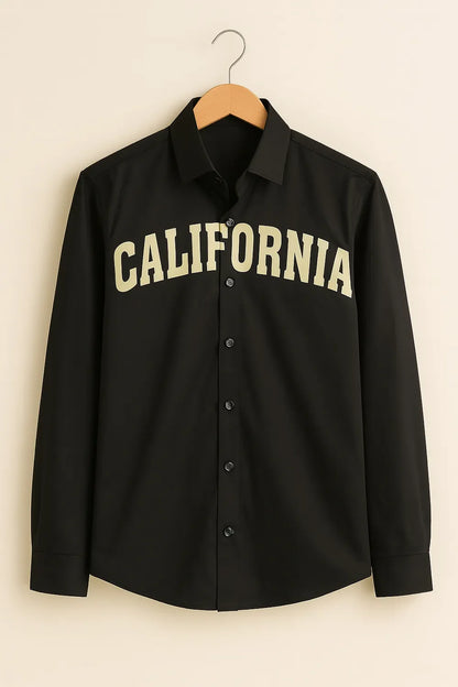 Men's Full Sleeve Cotton Shirt with 'California' Typography Casual Black Streetwear