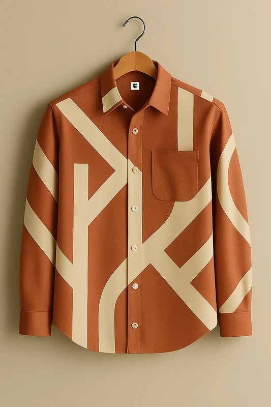 Men's Printed Cotton Shirt – Rust Brown with Abstract Geometric Stripes