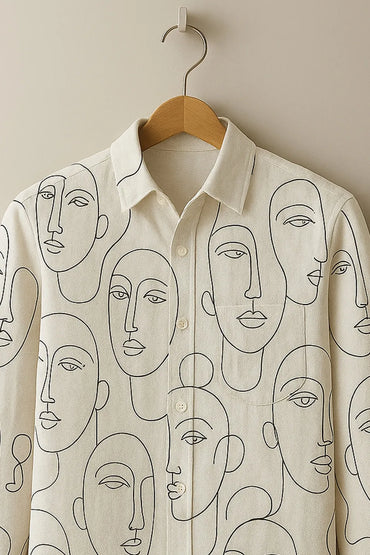 Men’s Cotton Shirt with Abstract Face Sketch Print – Full Sleeves