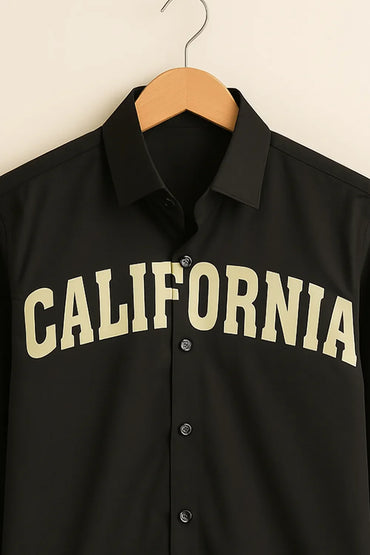 Men's Full Sleeve Cotton Shirt with 'California' Typography Casual Black Streetwear