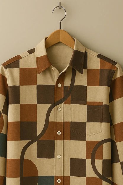 Men's Full Sleeve Cotton Shirt with Retro Geometric Block Print