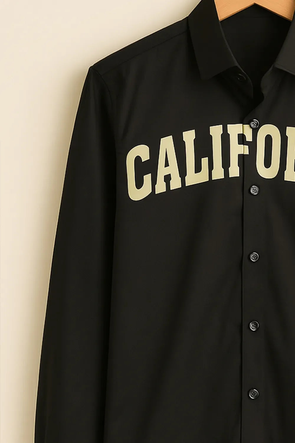 Men's Full Sleeve Cotton Shirt with 'California' Typography Casual Black Streetwear