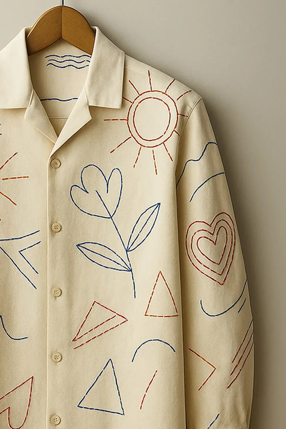 Men's Beige Cotton Full Sleeve Shirt with Unique Doodle Style Illustrations