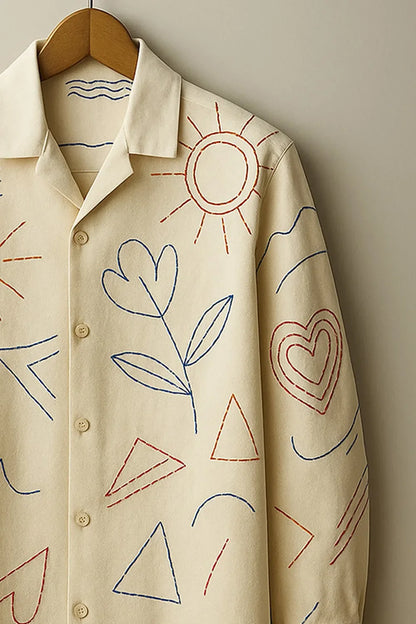 Men's Beige Cotton Full Sleeve Shirt with Unique Doodle Style Illustrations