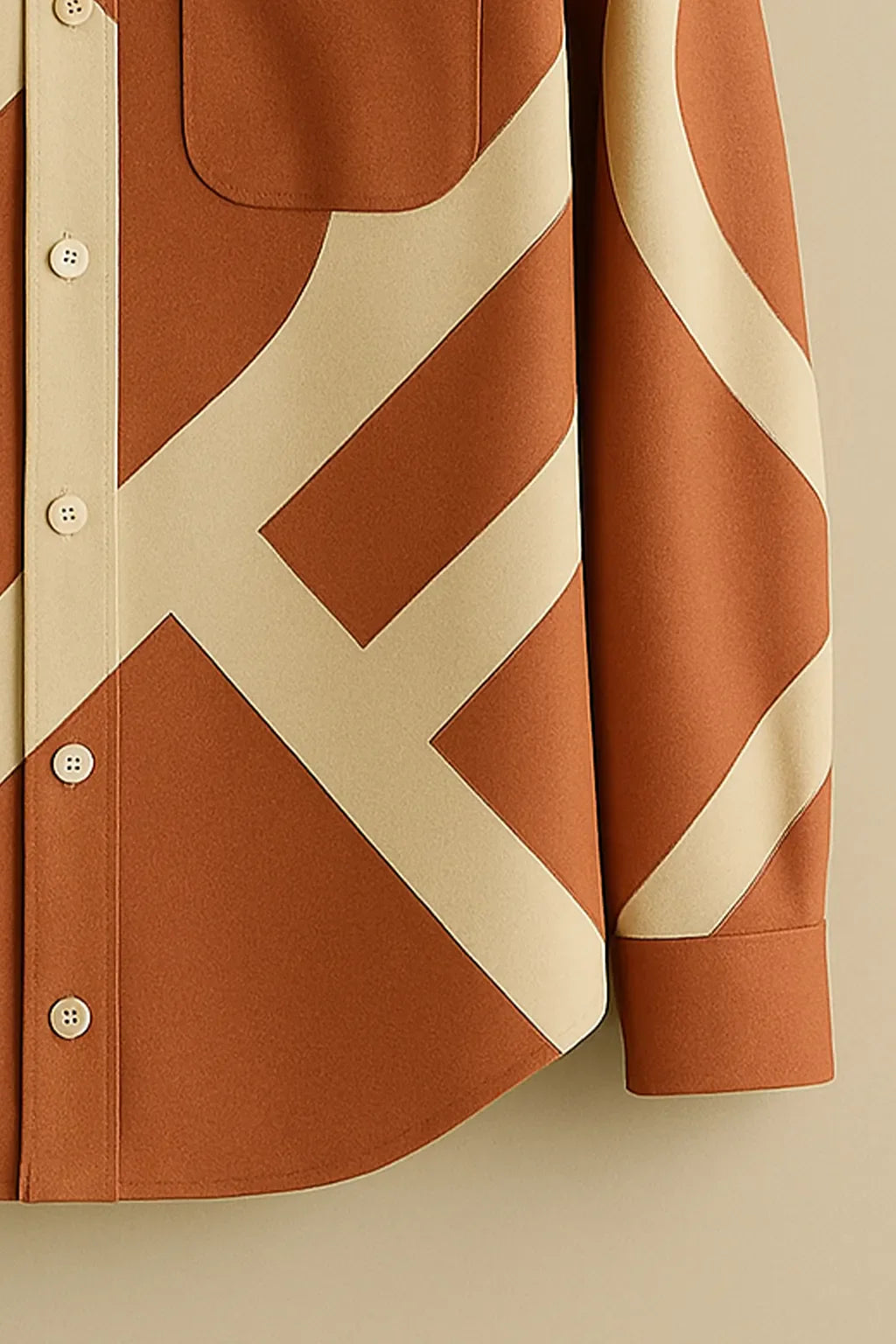 Men's Printed Cotton Shirt – Rust Brown with Abstract Geometric Stripes